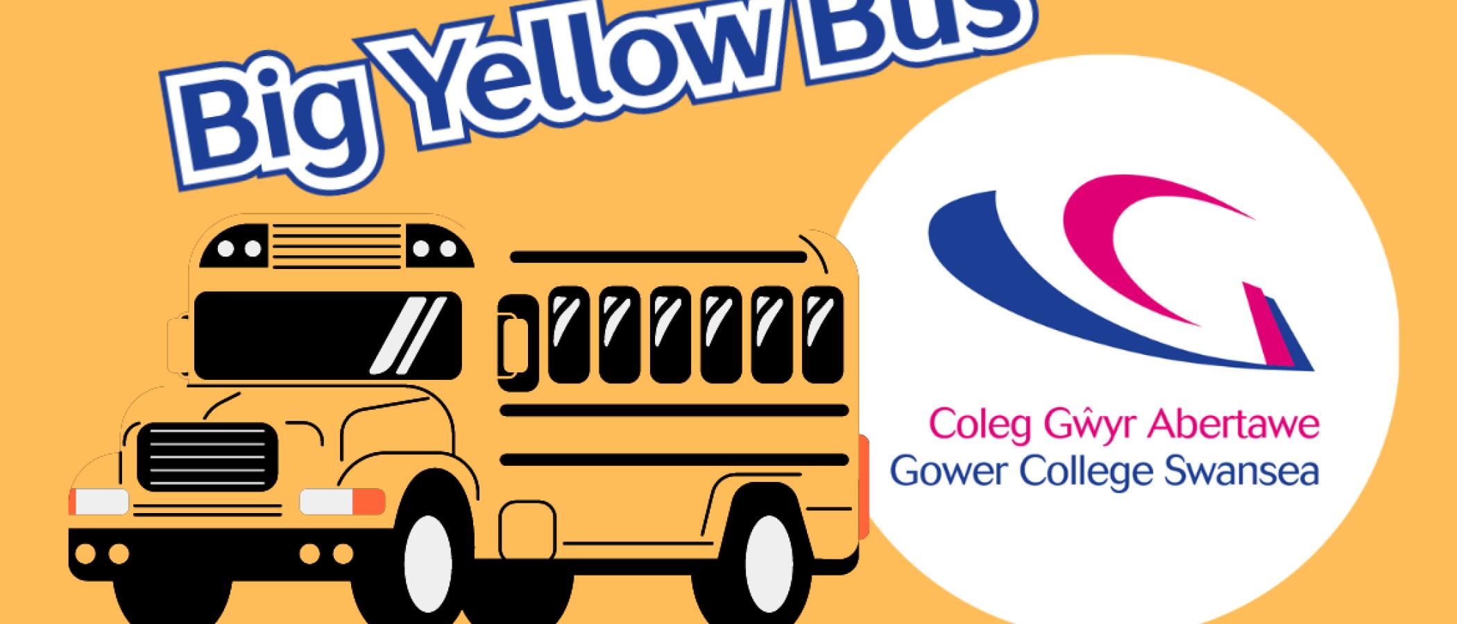 Big yellow school bus with Gower College Logo